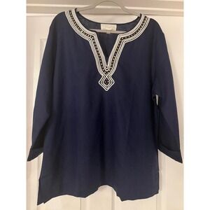 Pappagallo Navy Blue Linen Blend Embroidered Sequin Tunic Top Size XL